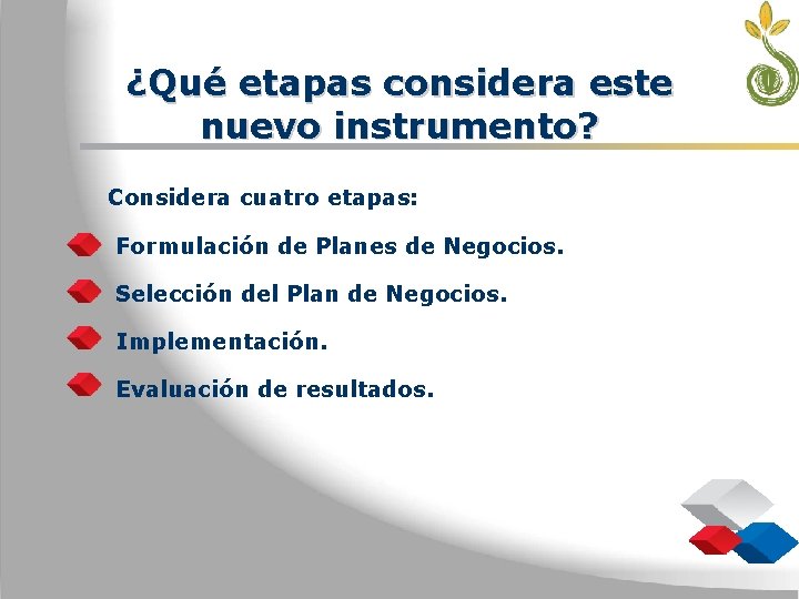 ¿Qué etapas considera este nuevo instrumento? Considera cuatro etapas: Formulación de Planes de Negocios.