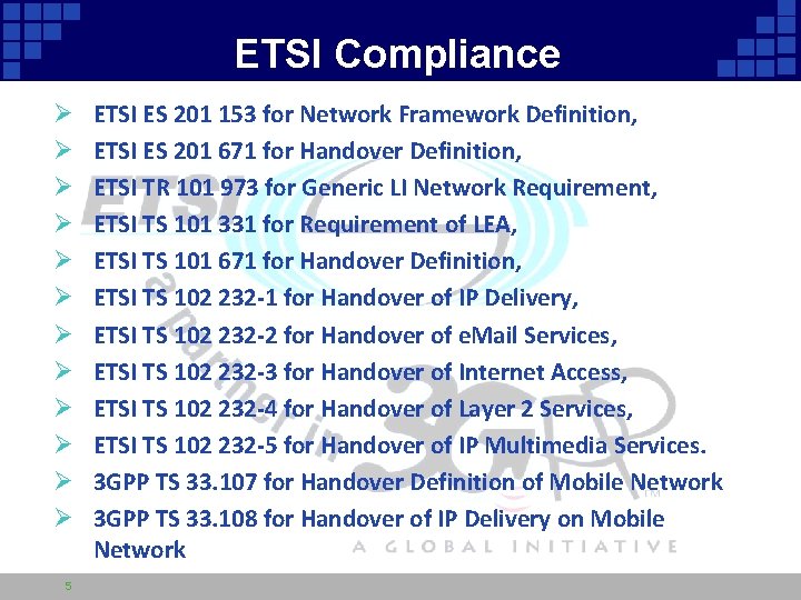 ETSI Compliance Ø Ø Ø 5 ETSI ES 201 153 for Network Framework Definition,