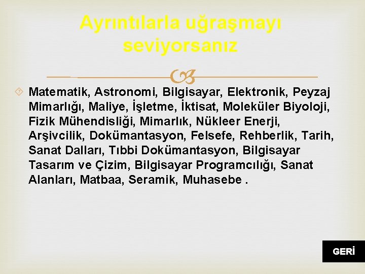 Ayrıntılarla uğraşmayı seviyorsanız Matematik, Astronomi, Bilgisayar, Elektronik, Peyzaj Mimarlığı, Maliye, İşletme, İktisat, Moleküler Biyoloji,