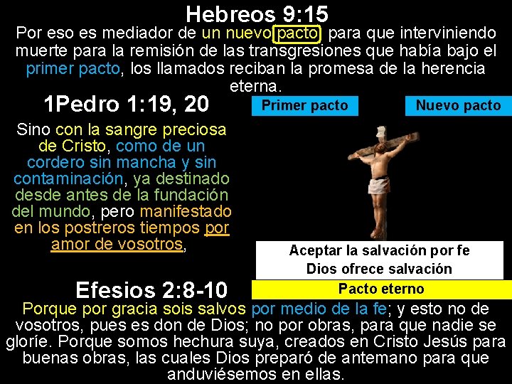 Hebreos 9: 15 Por eso es mediador de un nuevo pacto, para que interviniendo