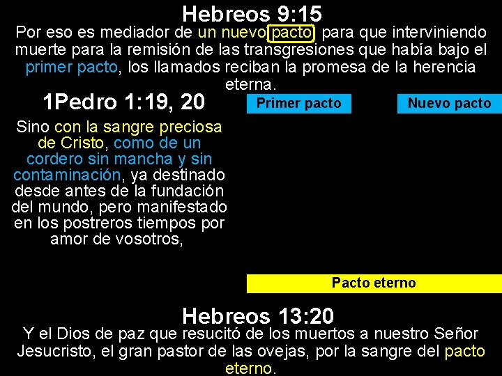 Hebreos 9: 15 Por eso es mediador de un nuevo pacto, para que interviniendo