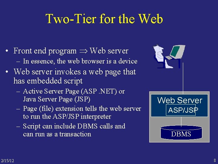 Two-Tier for the Web • Front end program Web server – In essence, the