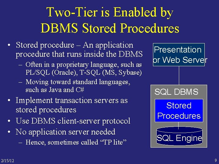 Two-Tier is Enabled by DBMS Stored Procedures • Stored procedure – An application procedure