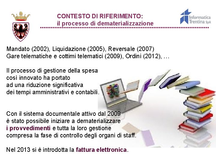 CONTESTO DI RIFERIMENTO: il processo di dematerializzazione Mandato (2002), Liquidazione (2005), Reversale (2007) Gare