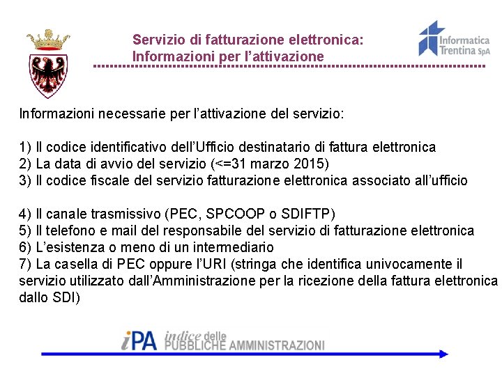 Servizio di fatturazione elettronica: Informazioni per l’attivazione Informazioni necessarie per l’attivazione del servizio: 1)