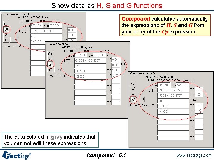 Show data as H, S and G functions Compound calculates automatically the expressions of