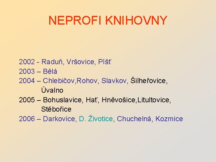 NEPROFI KNIHOVNY 2002 - Raduň, Vršovice, Píšť 2003 – Bělá 2004 – Chlebičov, Rohov,