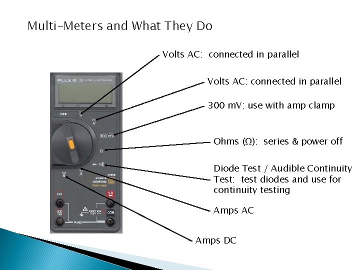 Multi-Meters and What They Do Volts AC: connected in parallel 300 m. V: use
