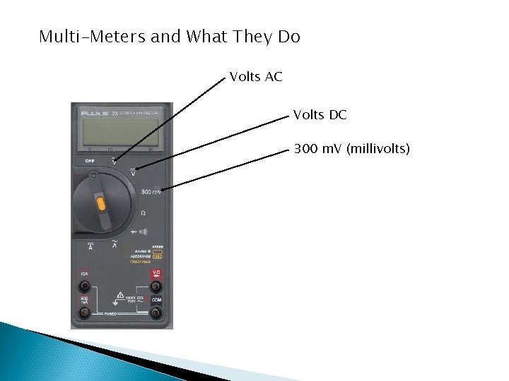 Multi-Meters and What They Do Volts AC Volts DC 300 m. V (millivolts) 
