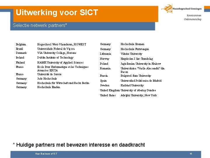 Uitwerking voor SICT Selectie netwerk partners* Belgium Brazil Denmark Hogeschool West-Vlaanderen, HOWEST Universidade Federal