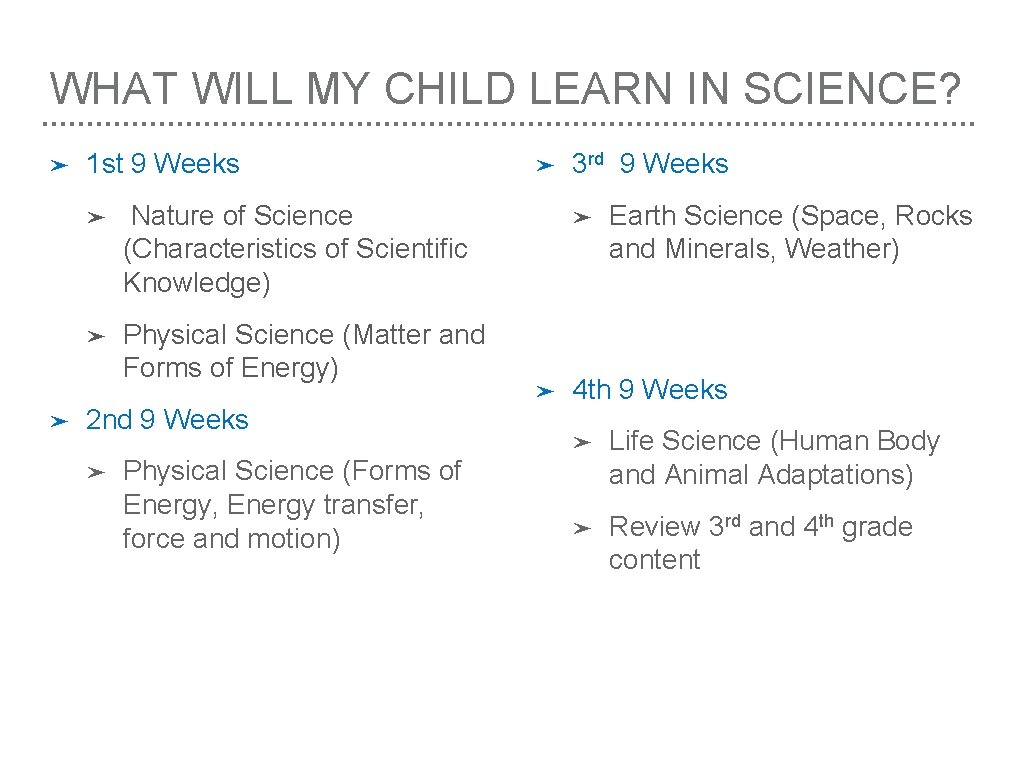 WHAT WILL MY CHILD LEARN IN SCIENCE? ➤ ➤ 1 st 9 Weeks ➤