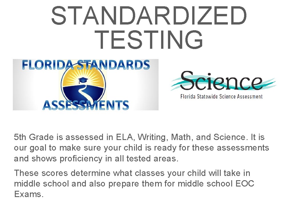 STANDARDIZED TESTING 5 th Grade is assessed in ELA, Writing, Math, and Science. It