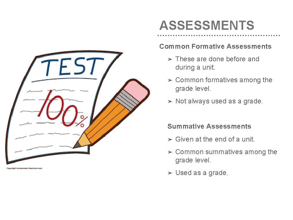 ASSESSMENTS Common Formative Assessments ➤ These are done before and during a unit. ➤