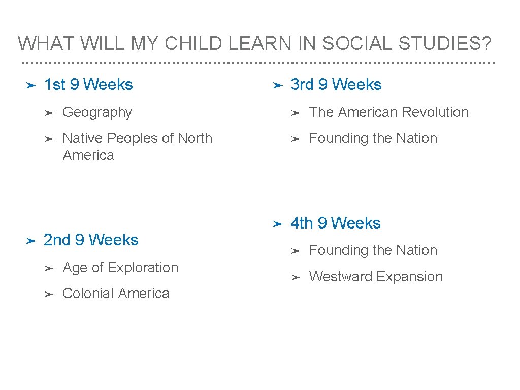 WHAT WILL MY CHILD LEARN IN SOCIAL STUDIES? ➤ 1 st 9 Weeks ➤