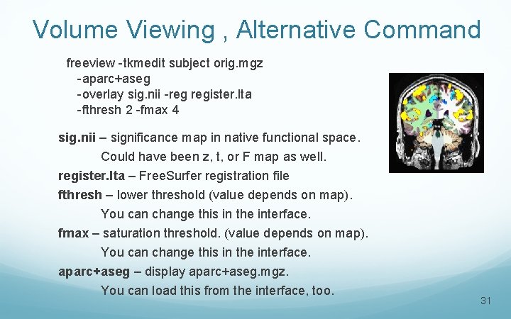 Volume Viewing , Alternative Command freeview -tkmedit subject orig. mgz -aparc+aseg -overlay sig. nii