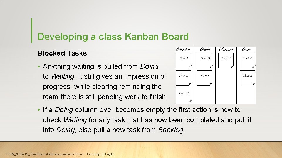 Developing a class Kanban Board Blocked Tasks • Anything waiting is pulled from Doing