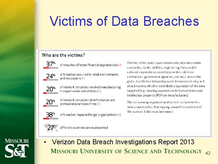 Victims of Data Breaches • Verizon Data Breach Investigations Report 2013 42 