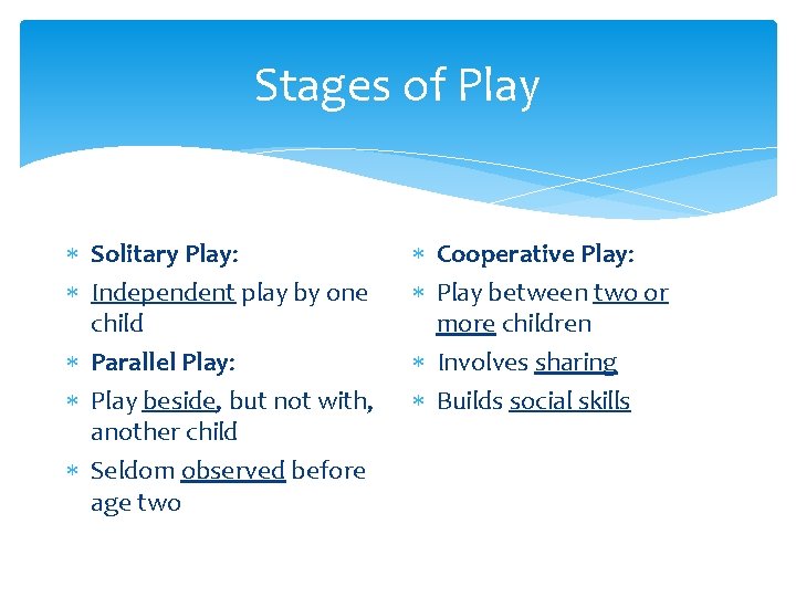 Stages of Play Solitary Play: Independent play by one child Parallel Play: Play beside,