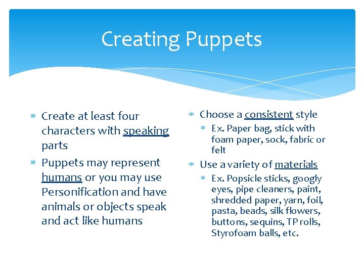Creating Puppets Create at least four characters with speaking parts Puppets may represent humans
