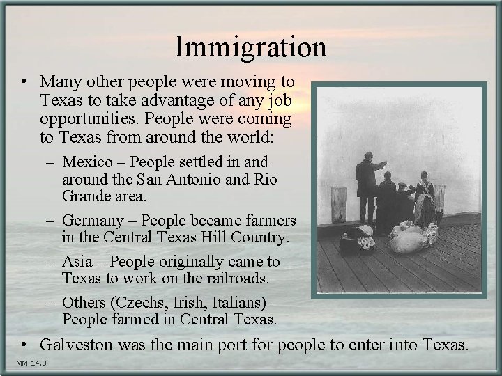 Immigration • Many other people were moving to Texas to take advantage of any