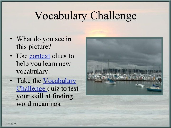 Vocabulary Challenge • What do you see in this picture? • Use context clues