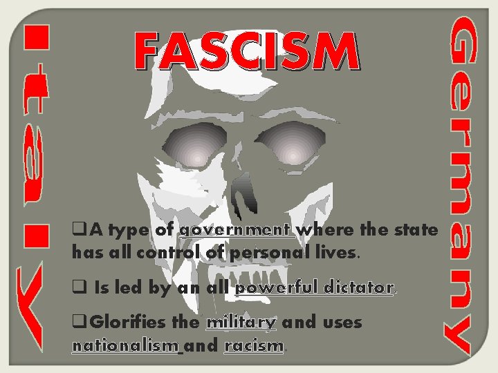 FASCISM q. A type of government where the state has all control of personal