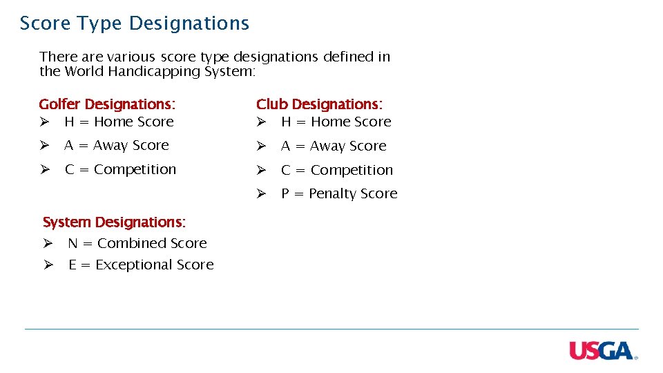 Score Type Designations There are various score type designations defined in the World Handicapping Score Type Designations There are various score type designations defined in the World Handicapping