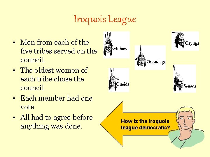 Iroquois League • Men from each of the five tribes served on the council.