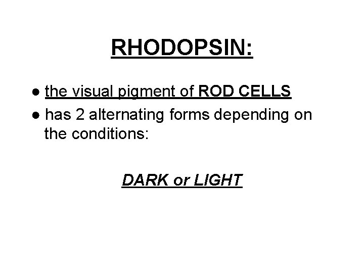 RHODOPSIN: ● the visual pigment of ROD CELLS ● has 2 alternating forms depending