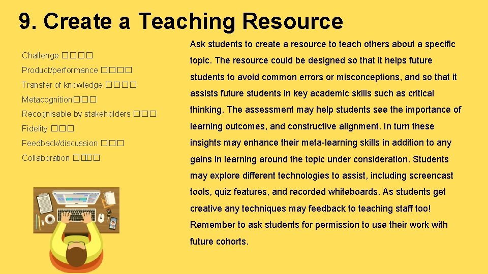 9. Create a Teaching Resource Ask students to create a resource to teach others 9. Create a Teaching Resource Ask students to create a resource to teach others