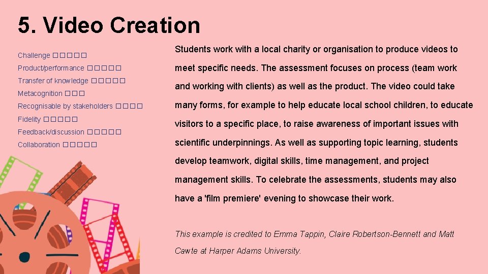 5. Video Creation Challenge ����� Product/performance ����� Transfer of knowledge ����� Metacognition ��� Students 5. Video Creation Challenge ����� Product/performance ����� Transfer of knowledge ����� Metacognition ��� Students