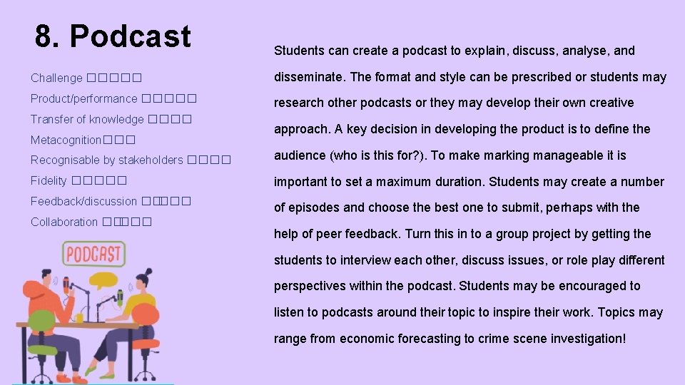 8. Podcast Students can create a podcast to explain, discuss, analyse, and Challenge ����� 8. Podcast Students can create a podcast to explain, discuss, analyse, and Challenge �����