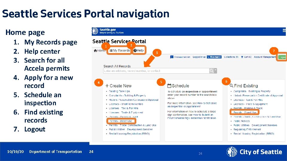 Seattle Services Portal navigation Home page 1. My Records page 2. Help center 3.