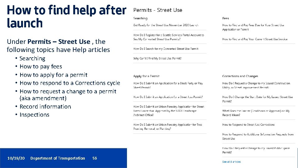 How to find help after launch Under Permits – Street Use , the following