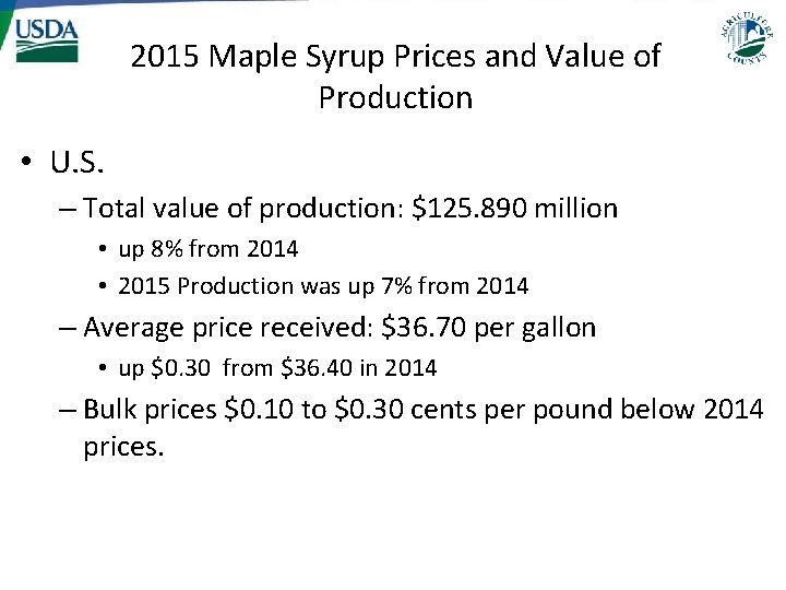 2015 Maple Syrup Prices and Value of Production • U. S. – Total value