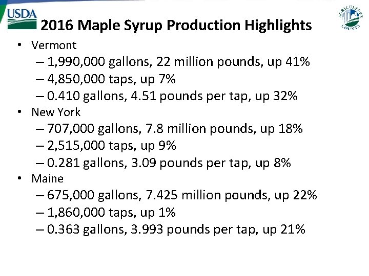 2016 Maple Syrup Production Highlights • Vermont – 1, 990, 000 gallons, 22 million