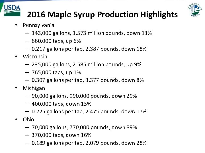 2016 Maple Syrup Production Highlights • Pennsylvania – 143, 000 gallons, 1. 573 million