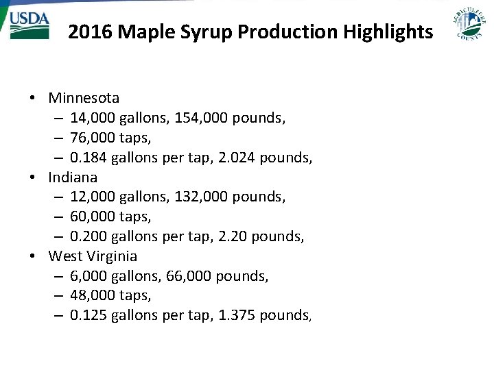 2016 Maple Syrup Production Highlights • Minnesota – 14, 000 gallons, 154, 000 pounds,