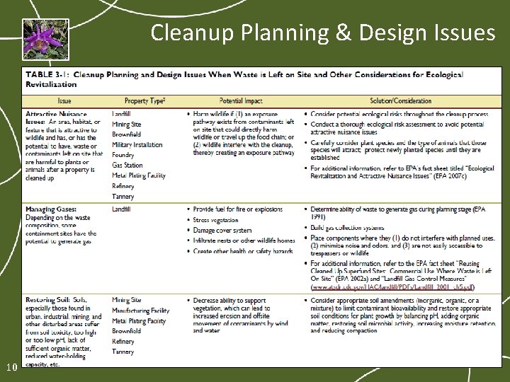 Cleanup Planning & Design Issues 10 