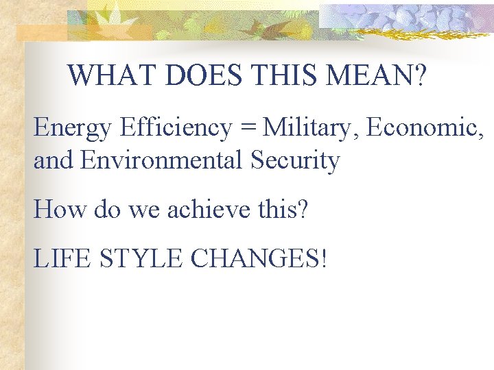 WHAT DOES THIS MEAN? Energy Efficiency = Military, Economic, and Environmental Security How do