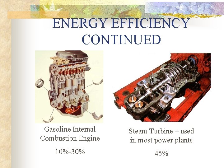 ENERGY EFFICIENCY CONTINUED Gasoline Internal Combustion Engine Steam Turbine – used in most power