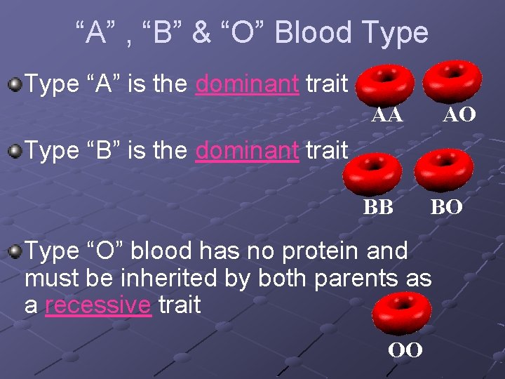 “A” , “B” & “O” Blood Type “A” is the dominant trait AA AO