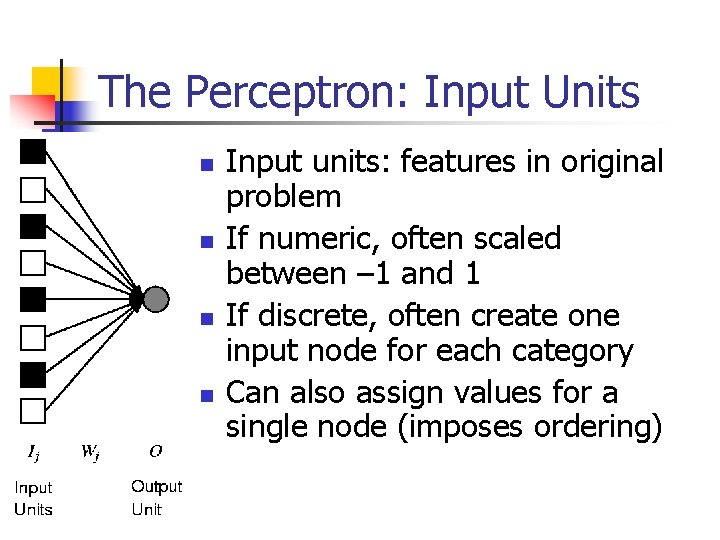 The Perceptron: Input Units n n Input units: features in original problem If numeric,