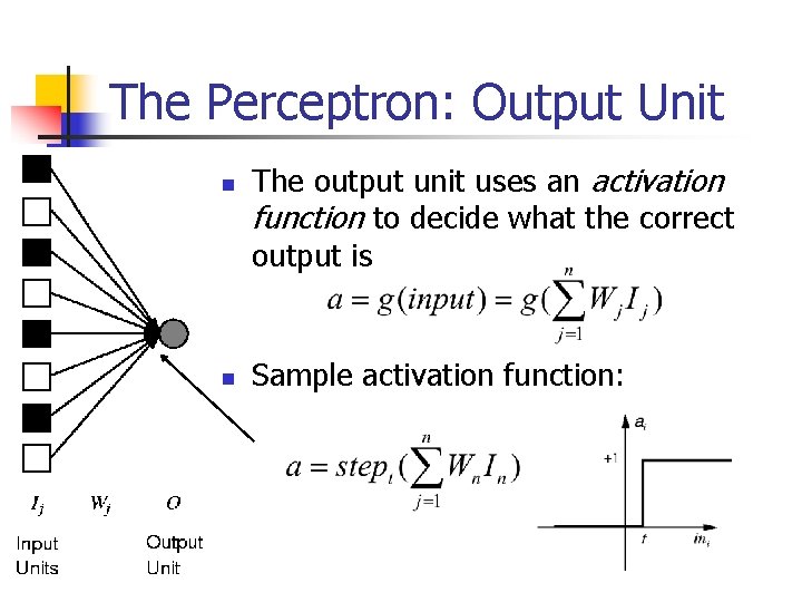 The Perceptron: Output Unit n n The output unit uses an activation function to