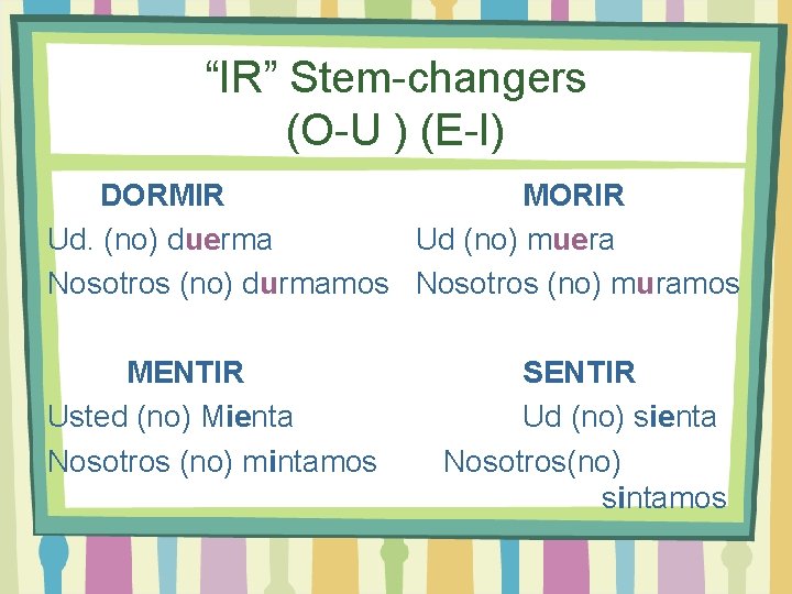 “IR” Stem-changers (O-U ) (E-I) DORMIR MORIR Ud. (no) duerma Ud (no) muera Nosotros