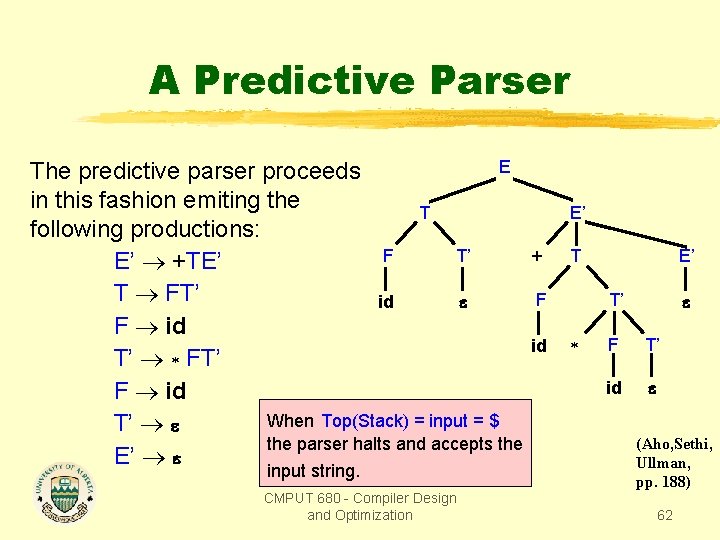 A Predictive Parser E The predictive parser proceeds in this fashion emiting the T