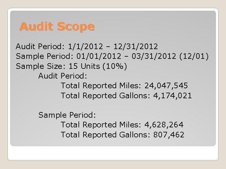 Audit Scope Audit Period: 1/1/2012 – 12/31/2012 Sample Period: 01/01/2012 – 03/31/2012 (12/01) Sample