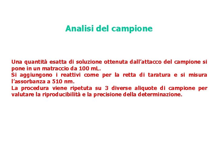 Analisi del campione Una quantità esatta di soluzione ottenuta dall’attacco del campione si pone