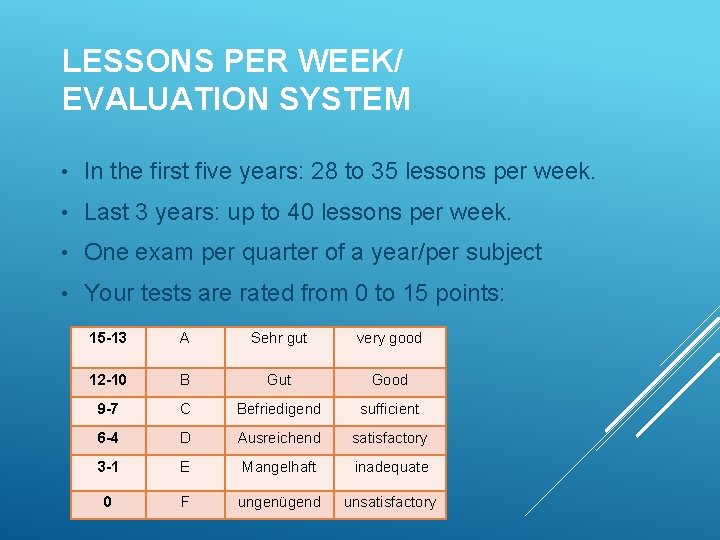 LESSONS PER WEEK/ EVALUATION SYSTEM • In the first five years: 28 to 35