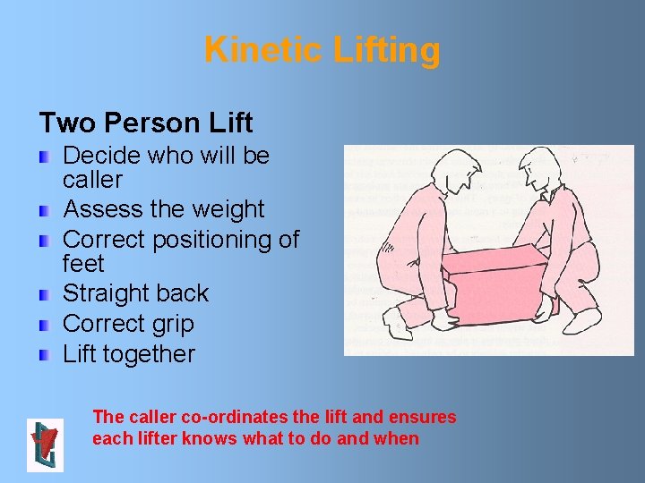 Kinetic Lifting Two Person Lift Decide who will be caller Assess the weight Correct